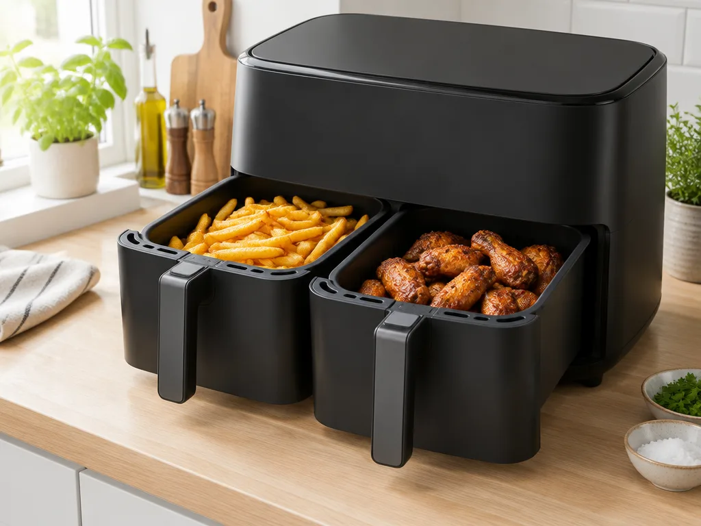 Omärkt airfryer med två korgar på en köksbänk, den ena utdragen och fylld med gyllene pommes frites