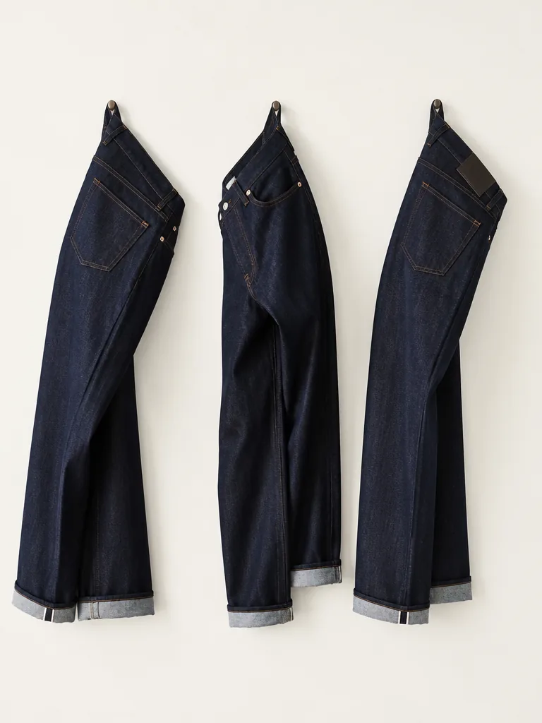 Tre par herrjeans hängda mot vit bakgrund i editorial fotostil