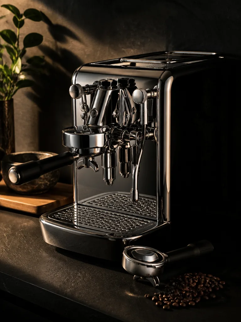 Espressomaskin med portafilter och färska kaffebönor på mörk köksbänk, editorial stilleben