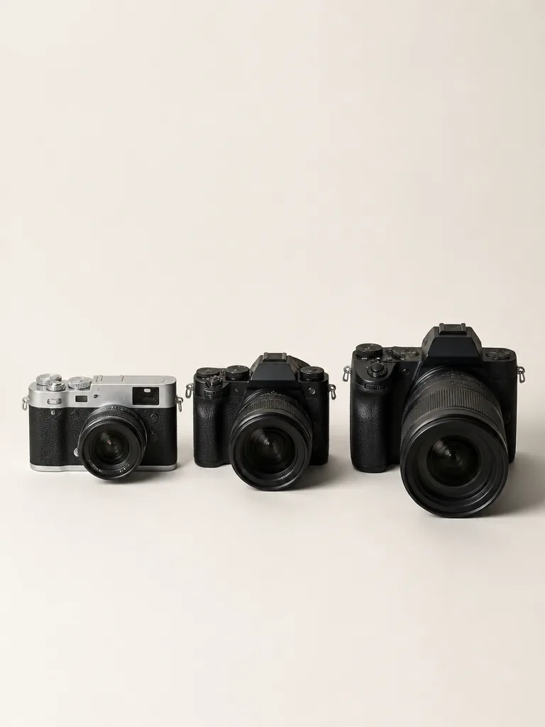 Fujifilm X-S20, Sony A7C II och Fujifilm X100VI fotograferade mot ljus bakgrund i editorial stil