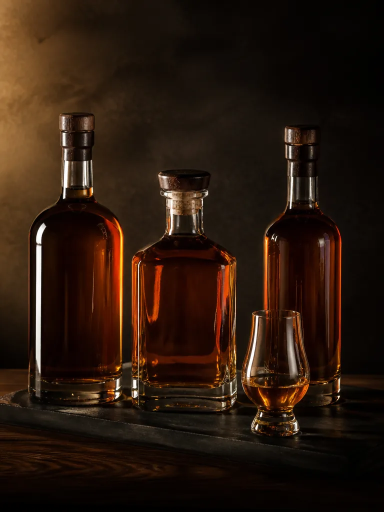 Tre whiskyflaskor och ett Glencairn-glas på mörk bardisk, editorial stilleben