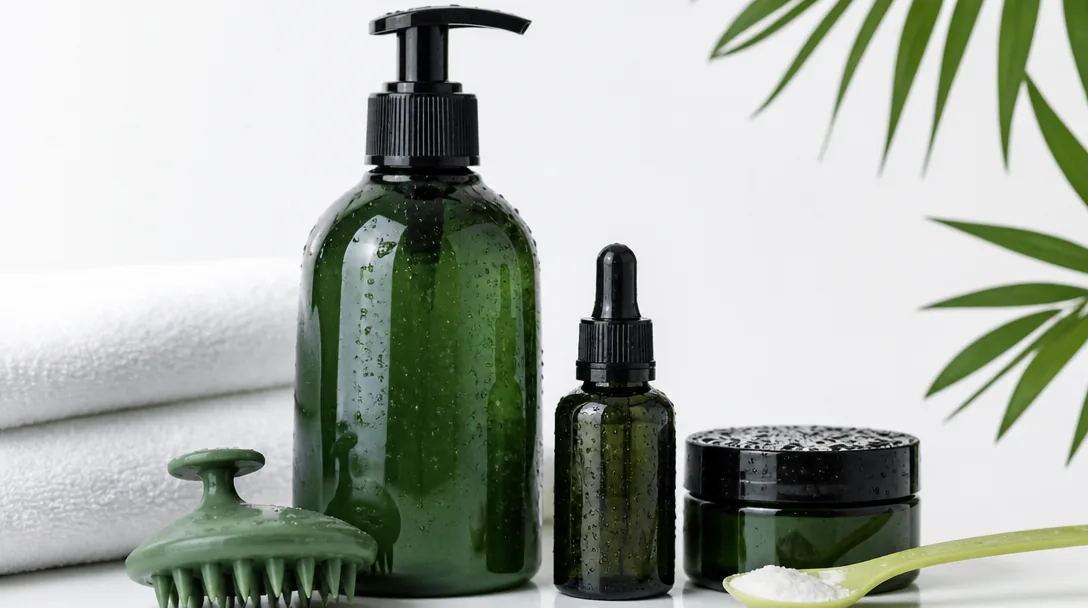 Mjällschampo och hårvårdsprodukter mot mjäll uppställda på vit bakgrund i minimalistisk produktfotografi