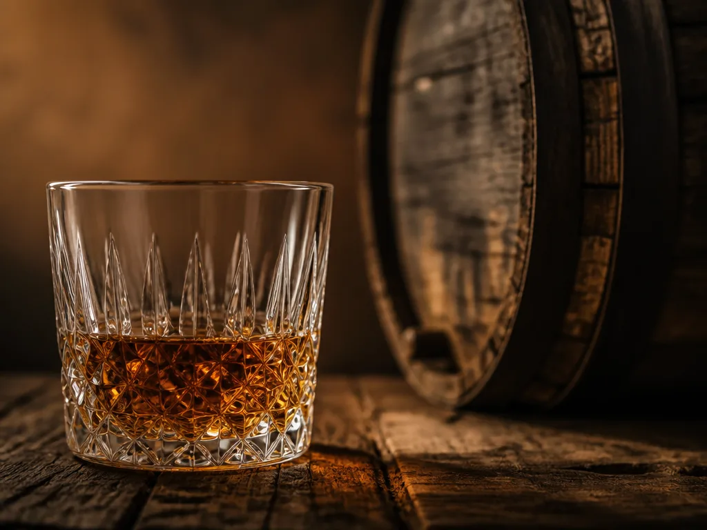 Gyllenbrun bourbon whiskey hälls i ett kristallglas bredvid ett koladekfat, editorial stilleben