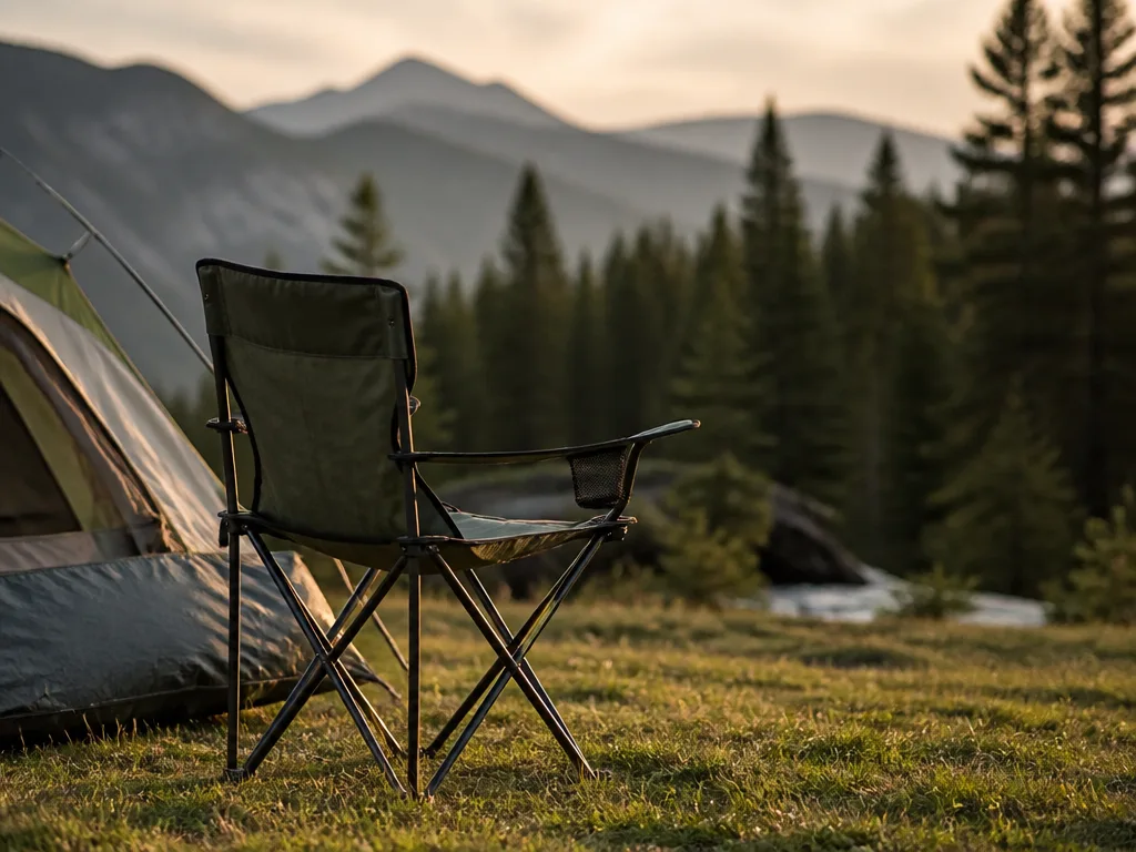 Hopfällbar campingstol uppställd vid tältet under en camping- och vandringstur