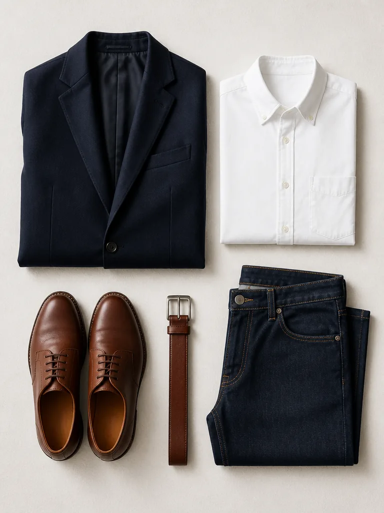 Stilrent uppstrukturerad herrgarderob med marin blazer, vit oxford, mörkblå jeans och bruna derbyskor i editorial fotostil