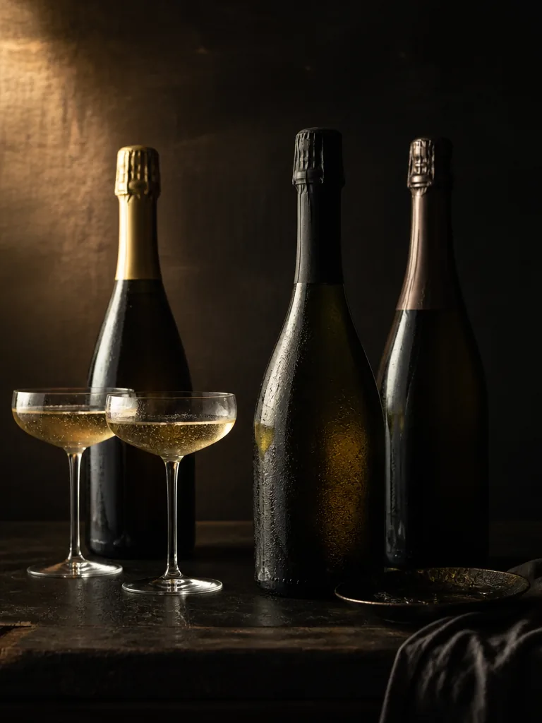 Champagneflaskor och glas på mörk bardisk, editorial stilleben