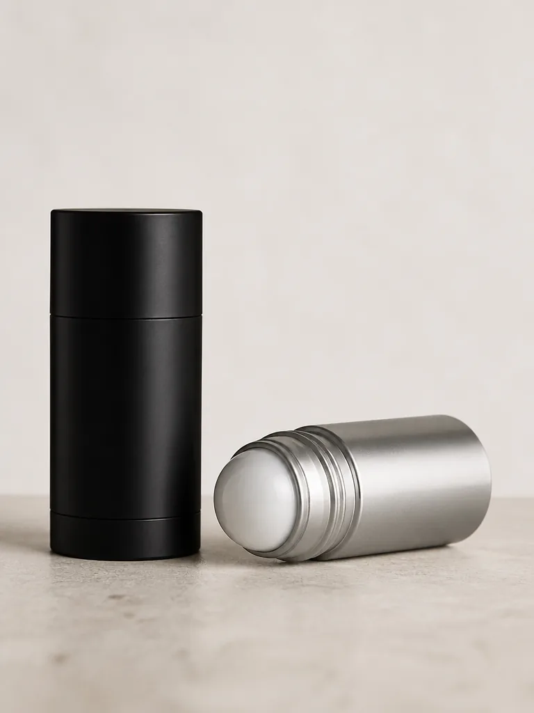 Deodorantstift och roll-on uppställda mot beige bakgrund i minimalistisk produktfotografi