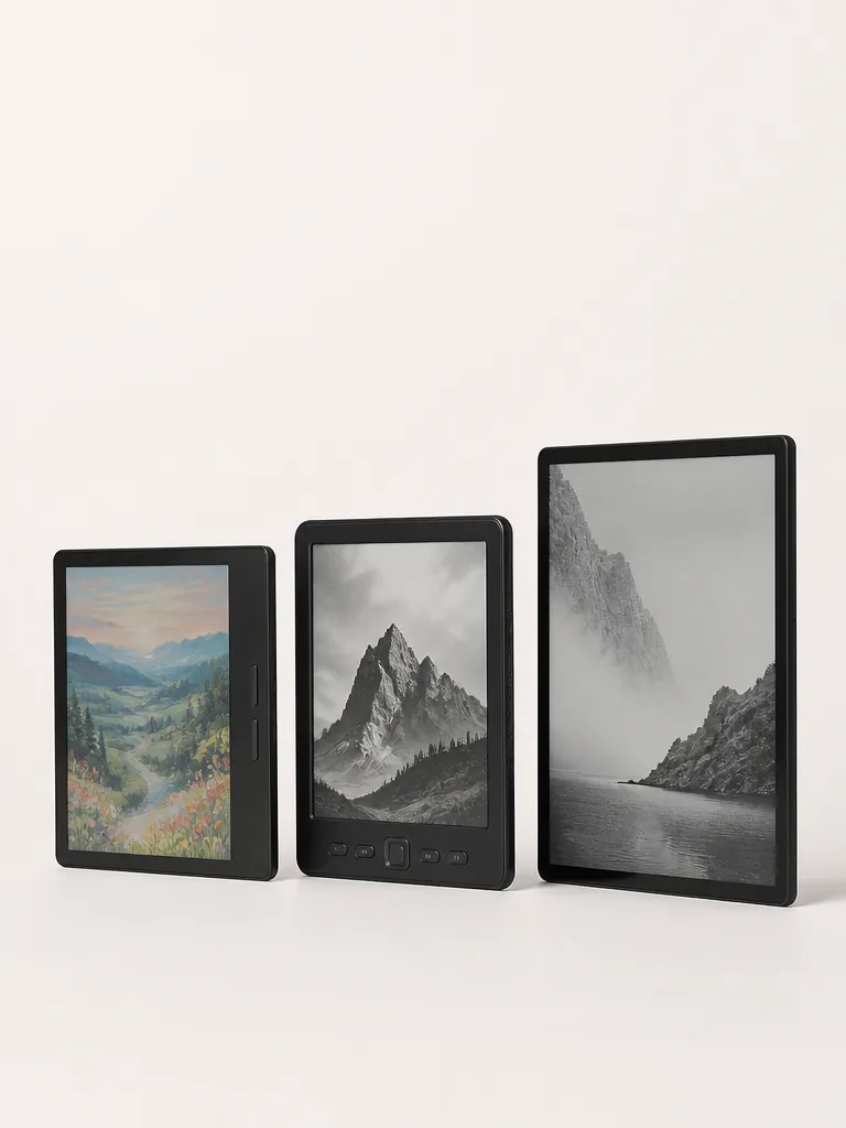 Kobo Libra Colour, Kindle Paperwhite och Onyx Boox Go 7 fotograferade mot vit bakgrund i editorial fotostil