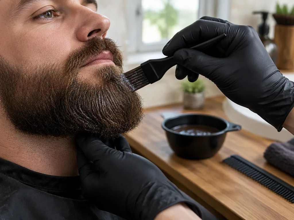 Man med brunt helskägg får skäggfärg applicerad med pensel av en hand i svarta handskar, med färgskål och kam på bänken