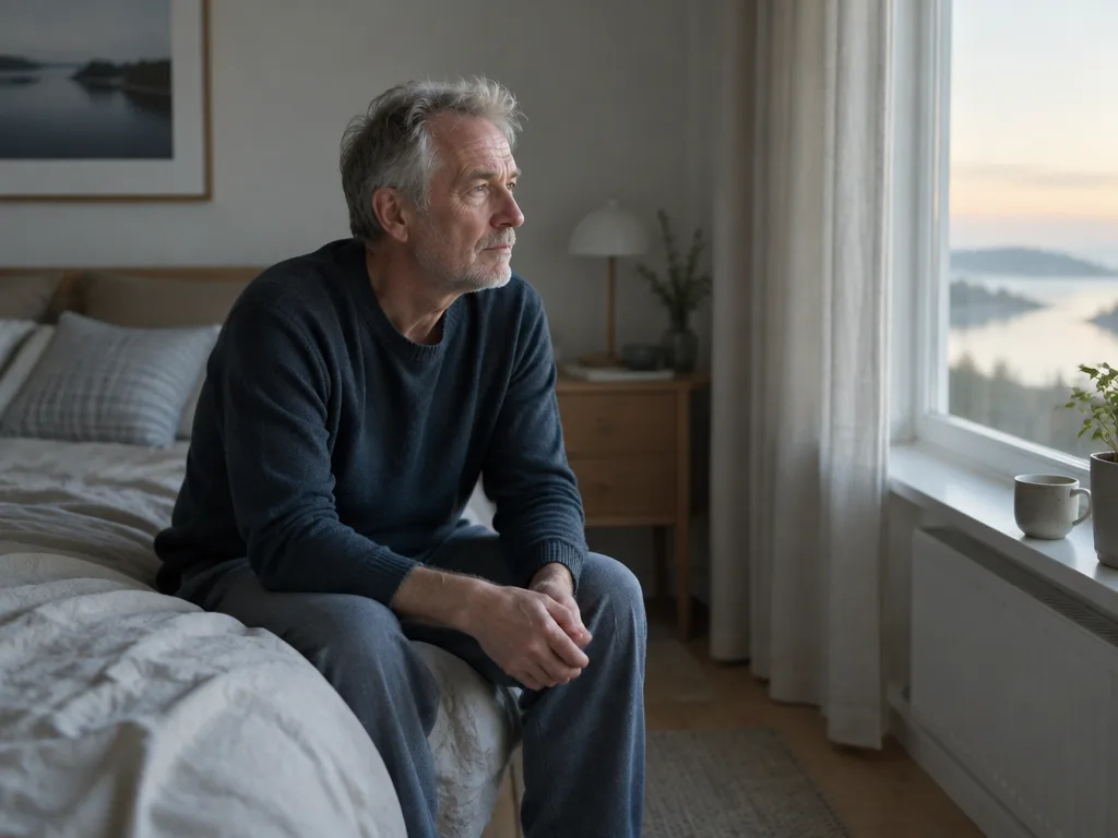 Man i sextioårsåldern sitter på sängkanten i gryningsljus och tittar ut genom sovrumsfönstret