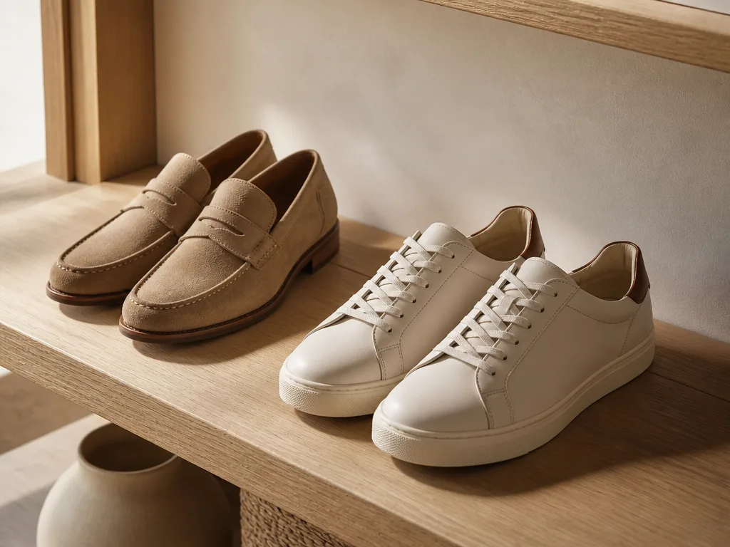 Premium casual herrskor – suede loafer och lädersneaker på en ljus trähylla med naturligt sidoljus