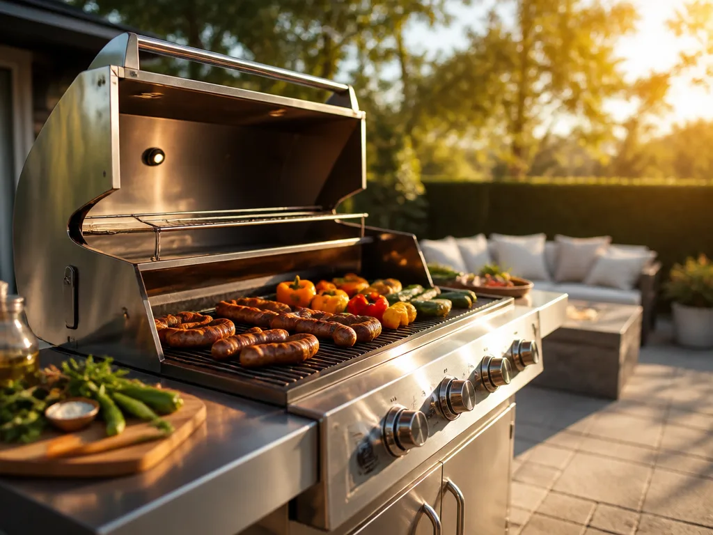 Gasolgrill med flera brännare och rostfritt lock på en uteplats en sommarkväll