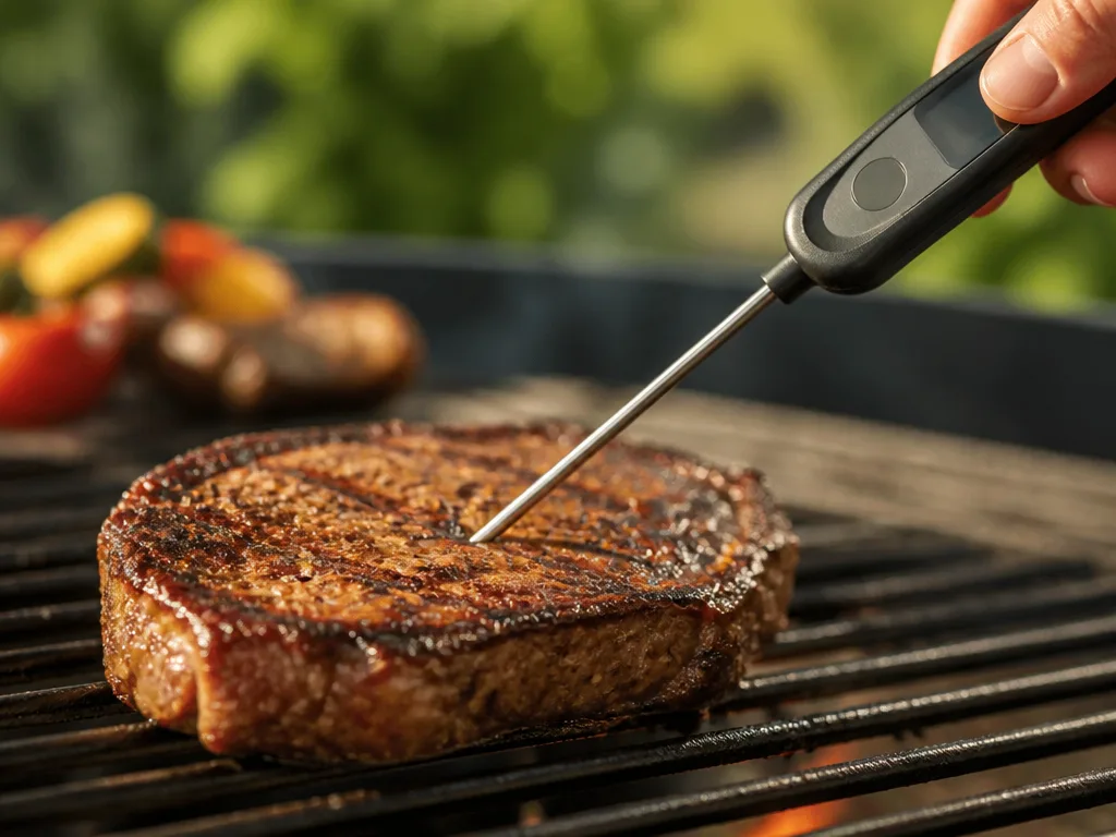 Digital stektermometer med sond instucken i en grillad köttbit på grillen en solig dag