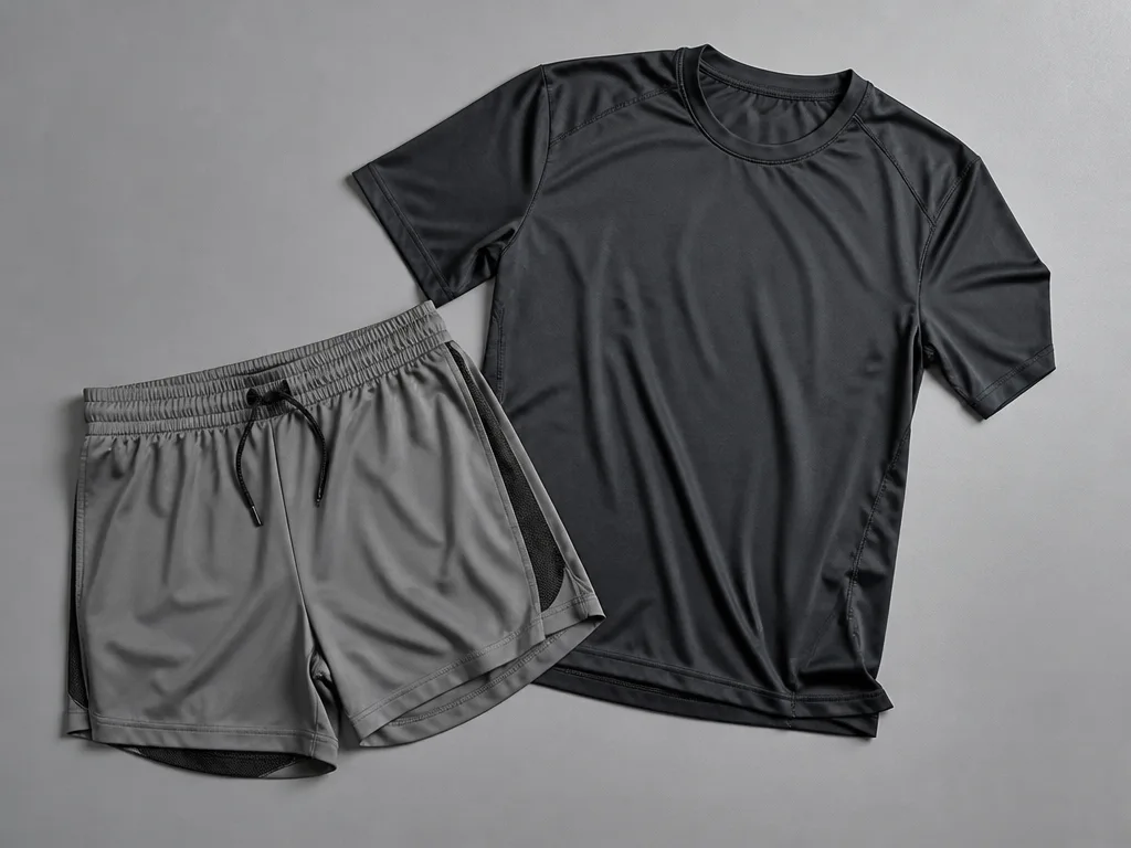 Herrträningskläder i flat lay – shorts och träningströja i grått och svart på vit yta i studioljus