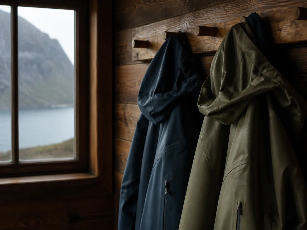Tekniska outdoor-skaljackor hängande på träpinnar i nordisk fjällstuga med regn och dimma utanför fönstret