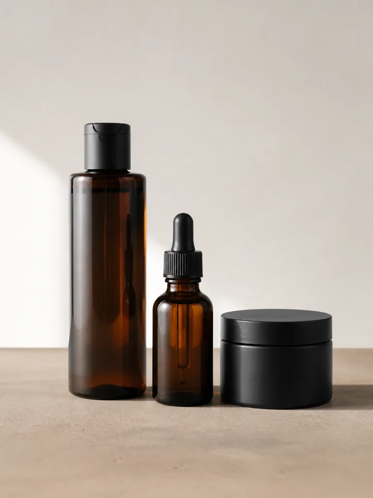 Schampo, skäggolja och styling-vax uppställda mot beige bakgrund i minimalistisk produktfotografi