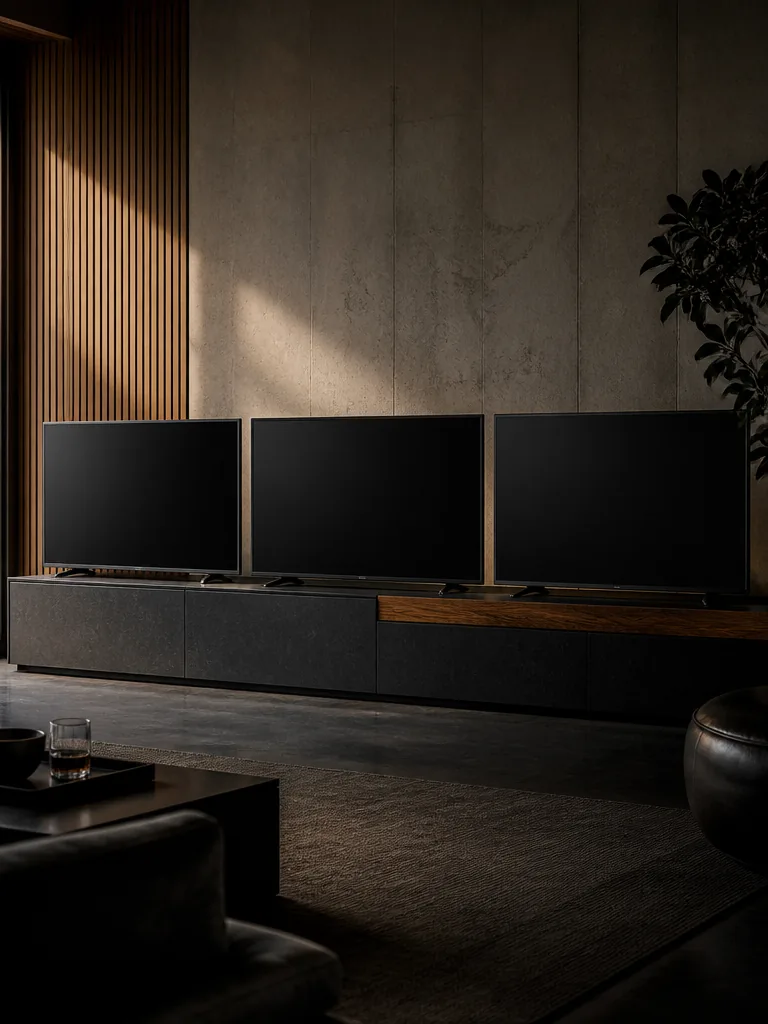 LG OLED C5, Samsung S95F och Sony Bravia 9 fotograferade i ett mörkt vardagsrum i editorial fotostil