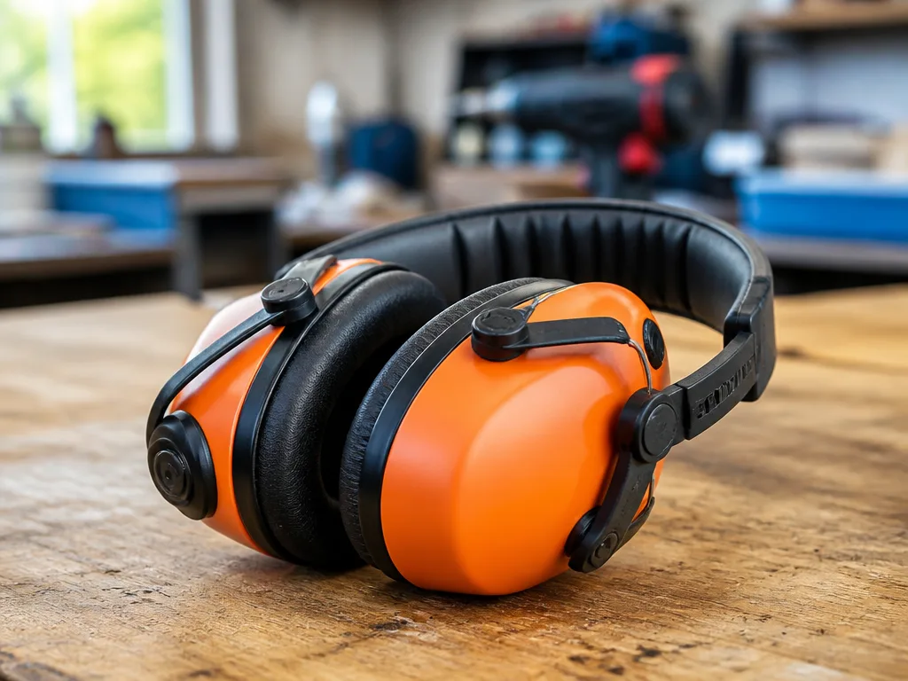 Hörselkåpor med bluetooth i orange och svart på en arbetsbänk i verkstadsmiljö