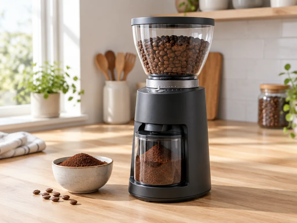 Elektrisk kaffekvarn med kaffebönor i behållaren och en skål med nymalet kaffe bredvid på en köksbänk i trä