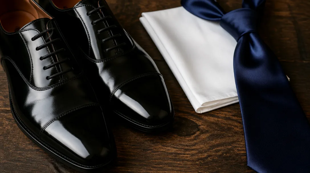 Detalj: blankpolerade svarta oxfords, vit bröstnäsduk och mörkblå sidensslips
