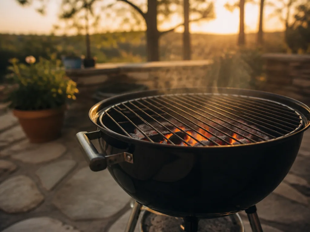 Kolgrill i klotform med rykande glöd och grillgaller på en uteplats en sommarkväll
