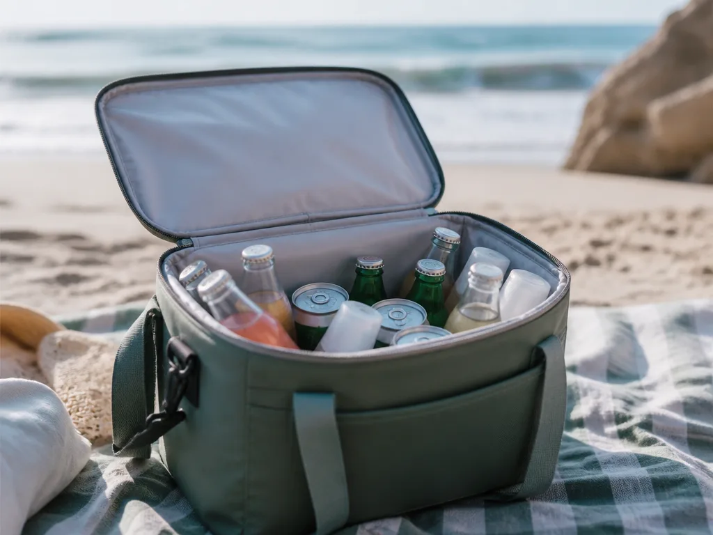 Öppen kylväska fylld med drycker och kylklampar på en filt vid stranden en solig sommardag