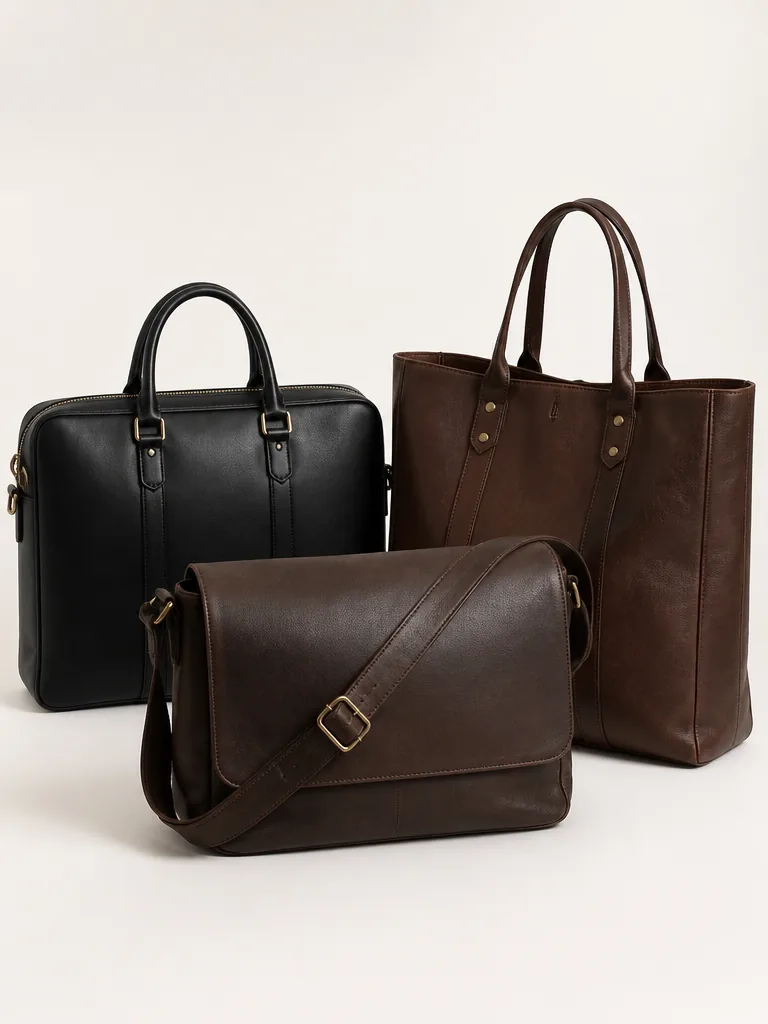 Tre jobbväskor i full grain läder — briefcase, messenger och tote — i svart och mörkbrunt mot vit bakgrund