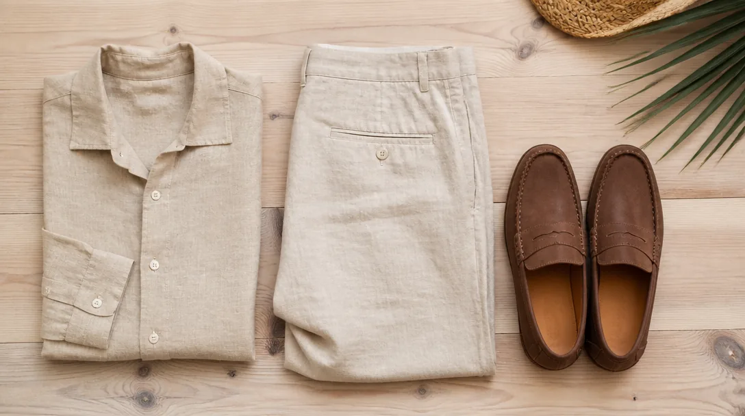 Flat lay med beige linneskjorta, sandbyxor i linne och läderloafers på ljust träunderlag