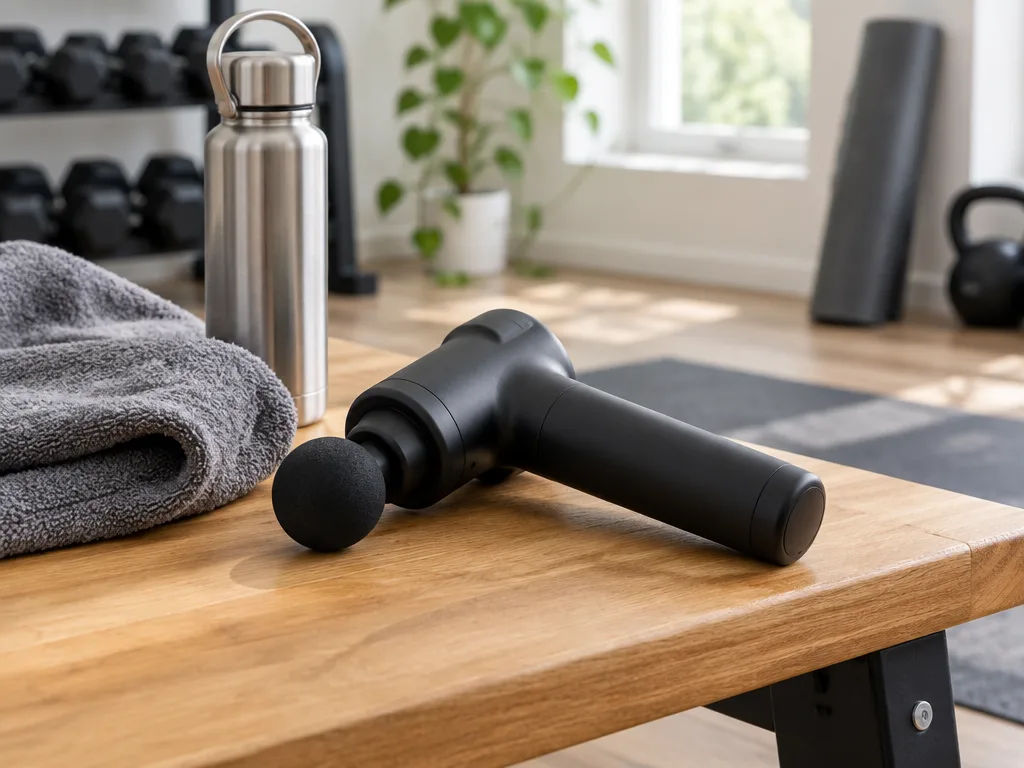 Massagepistol med kulhuvud bredvid en handduk och en vattenflaska på en träningsbänk