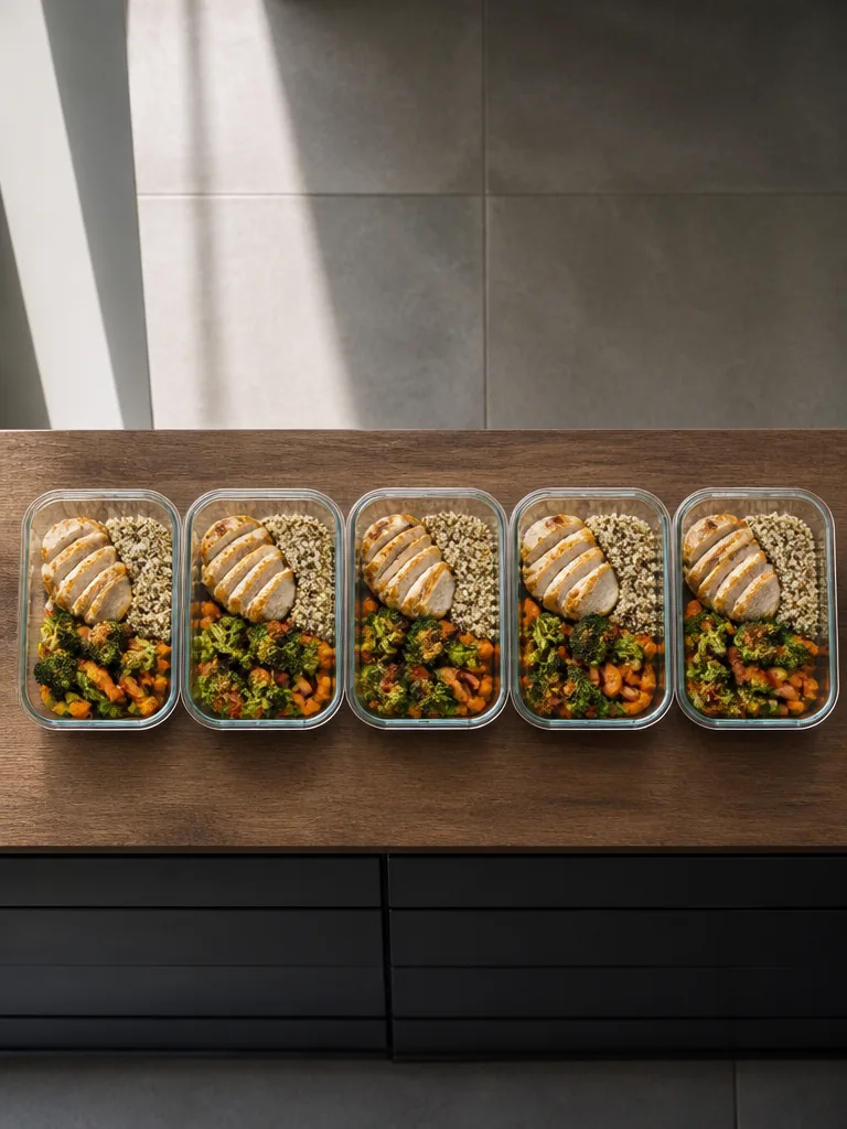 Mealprep-boxar med kyckling, quinoa och grönsaker uppradade på ett köksbord, redo för veckan
