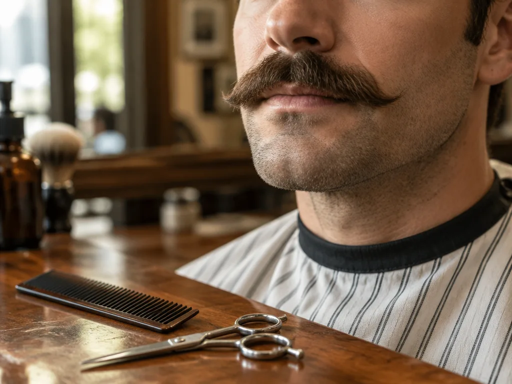 Man med kraftig, välansad mustasch i en barbershop, med kam och sax på träbänken framför sig