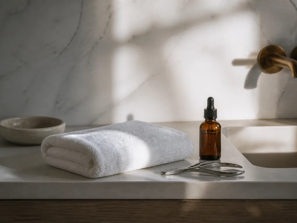 Badrumshylla med vikt handduk, nagelvårdsredskap och en liten flaska, mjukt morgonljus