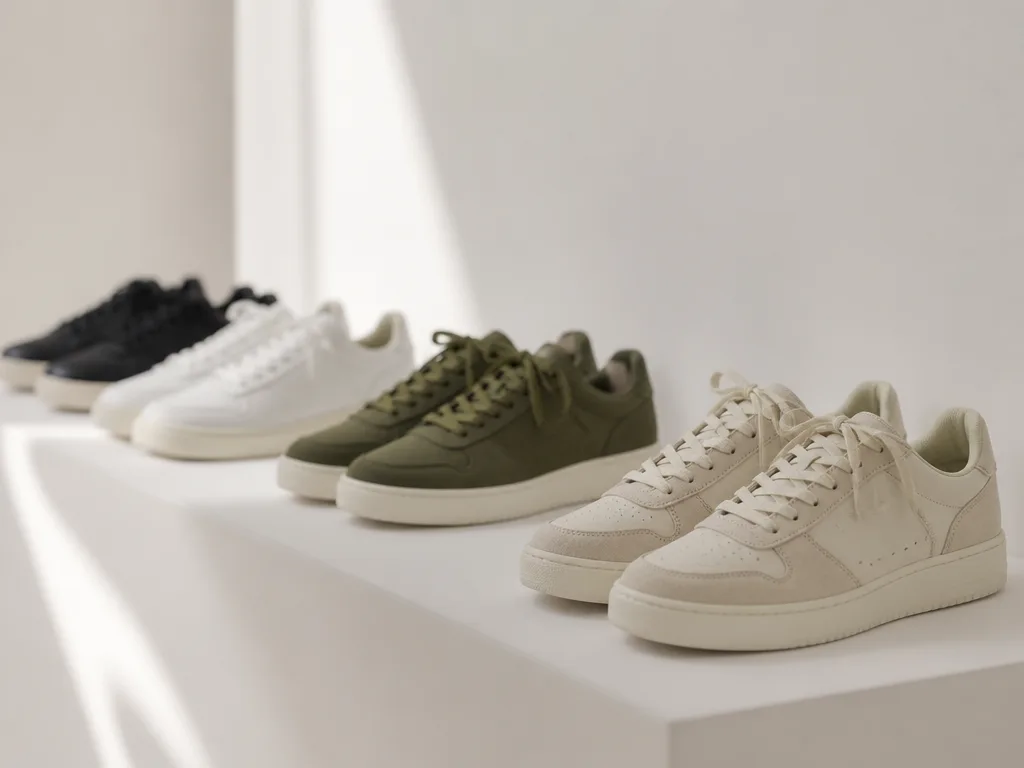 Samling premium sneakers på minimalistisk vit hylla med naturligt sidoljus