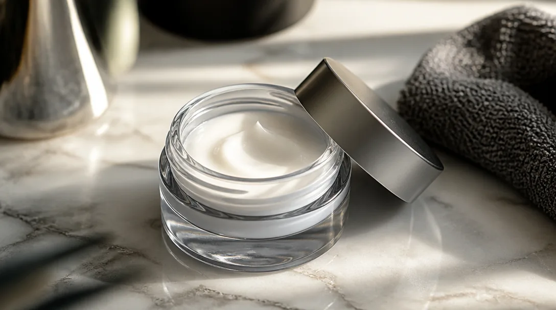 Ögonkräm för män uppställd på marmorbänk i minimalistisk produktfotografi