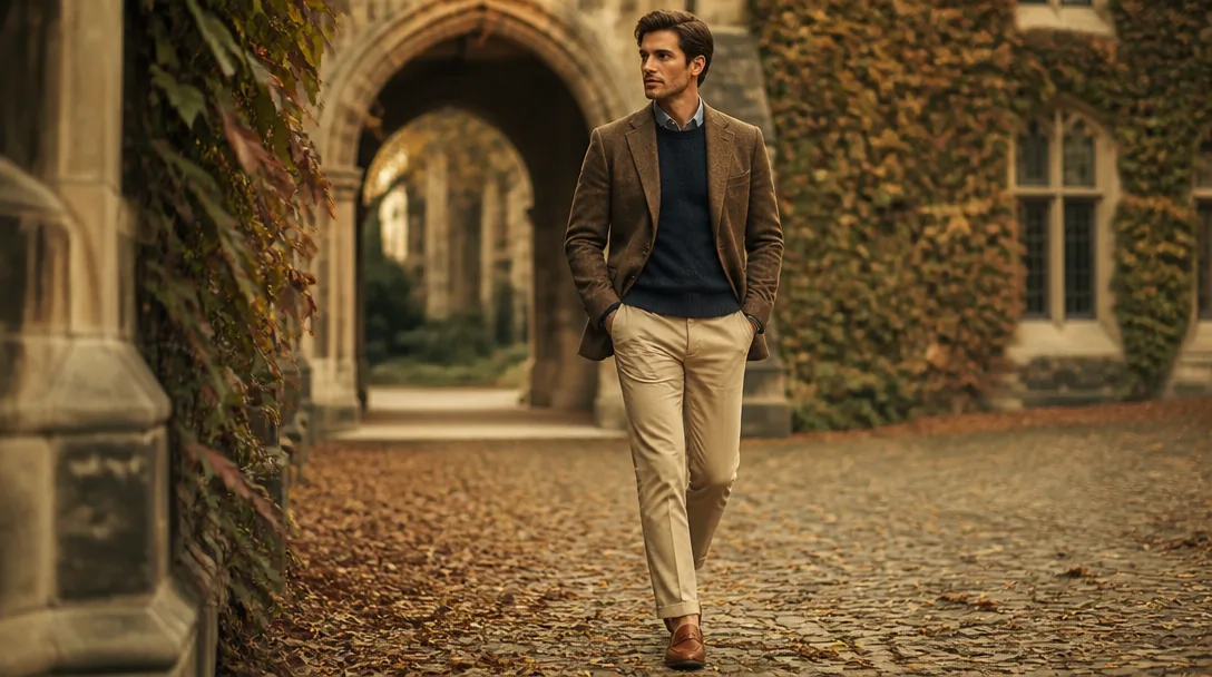 Man i heritage tweedkavaj och beige chinos promenerar i murgrönsklädd universitetsgård – old money-estetik