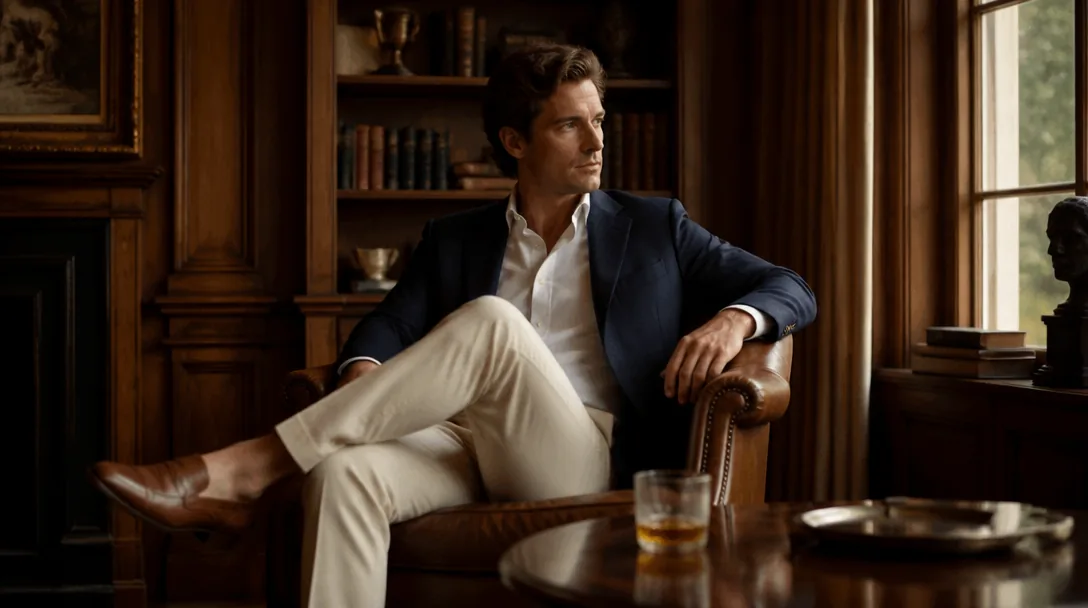 Man i marinblå kavaj och beige chinos i läder fåtölj – old money stil och quiet luxury