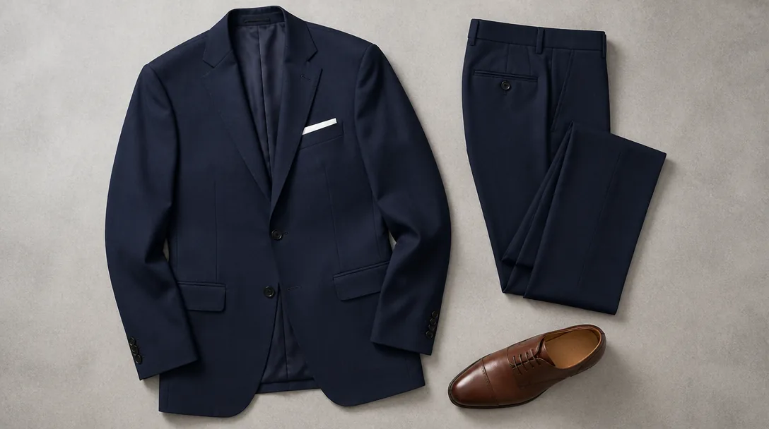 Flat lay av marinblå kostymkavaj och matchande byxor med vit ficknäsduk och brun oxfordskor