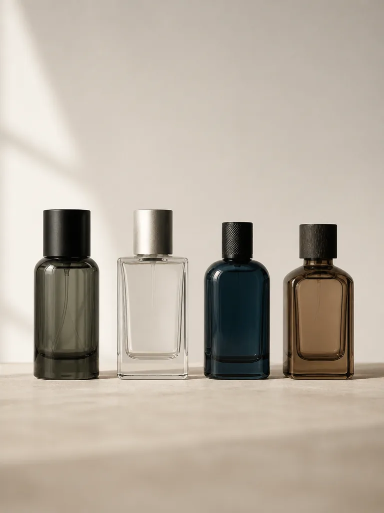 Fyra parfymflaskor uppställda mot beige bakgrund i minimalistisk produktfotografi som visar en doftgarderob för män