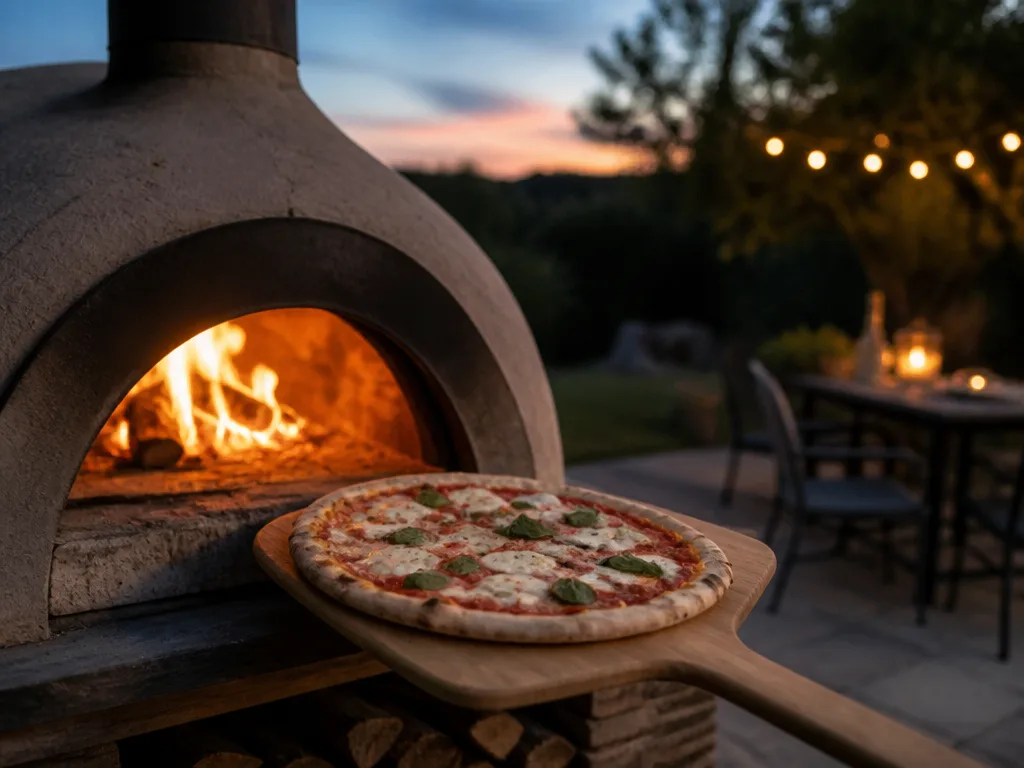 Vedeldad pizzaugn med flammor och en nygräddad pizza på pizzaspade på en uteplats i skymning