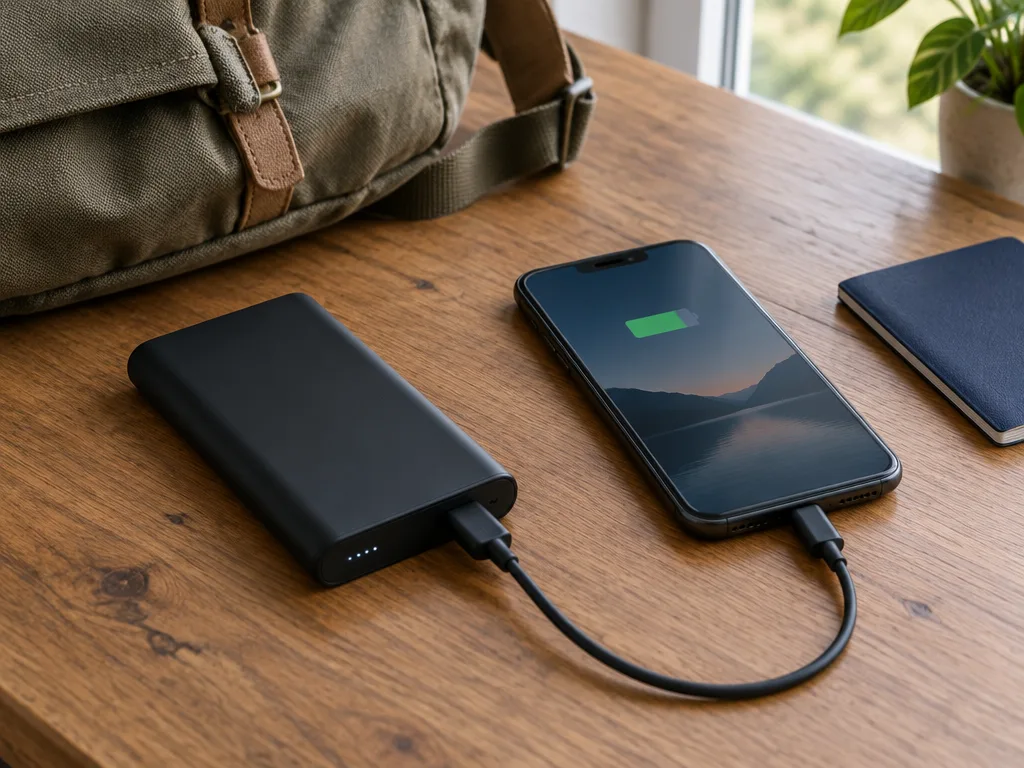Powerbank med USB-C-kabel ansluten till en mobiltelefon på ett bord bredvid en ryggsäck