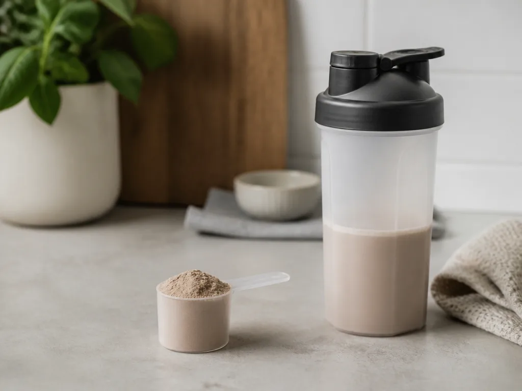 Proteinpulver i skopa bredvid en shaker på ett köksbord