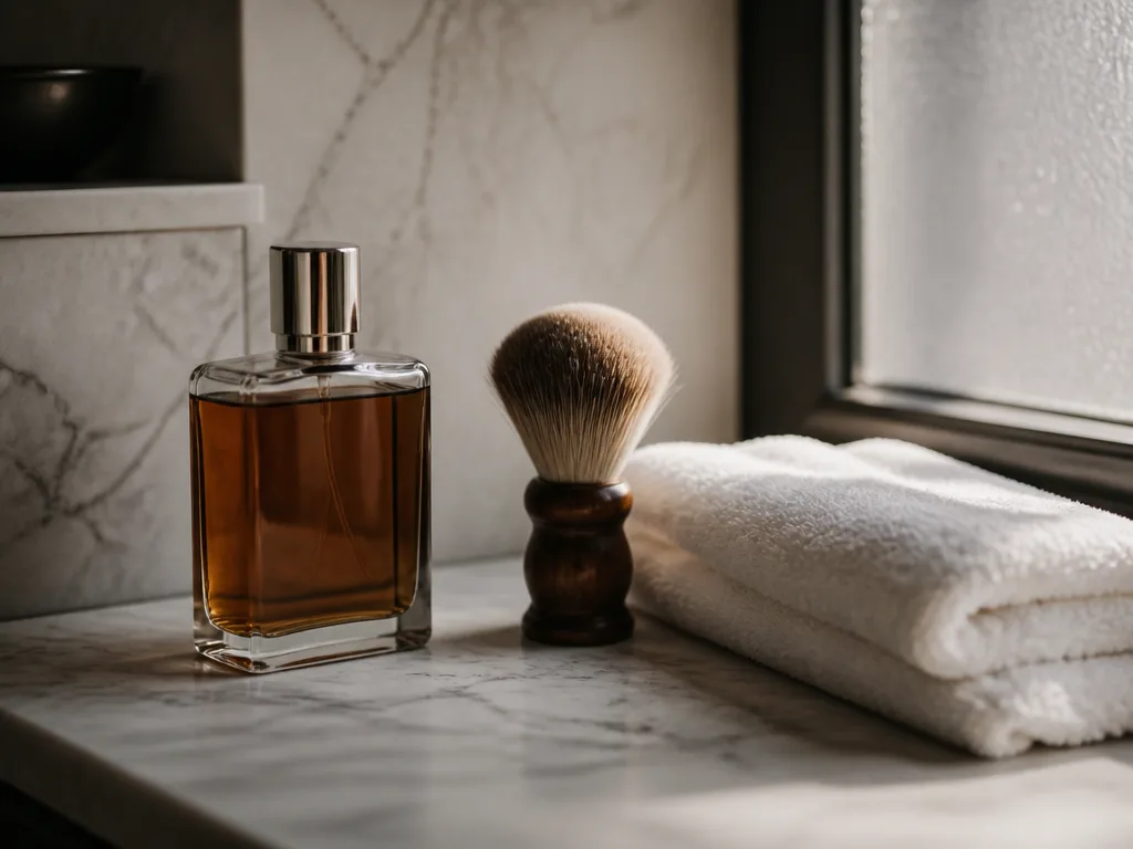 Herrgrooming-flatlay med aftershave-flaska, rakborste och vit handduk på marmor i naturligt fönsterljus