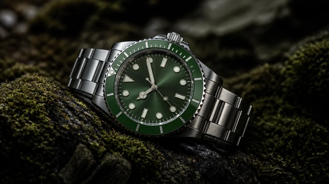 Lyxklocka med grön keramikbezel och grön urtavla på mörk mossbädd – Submariner Starbucks-stil