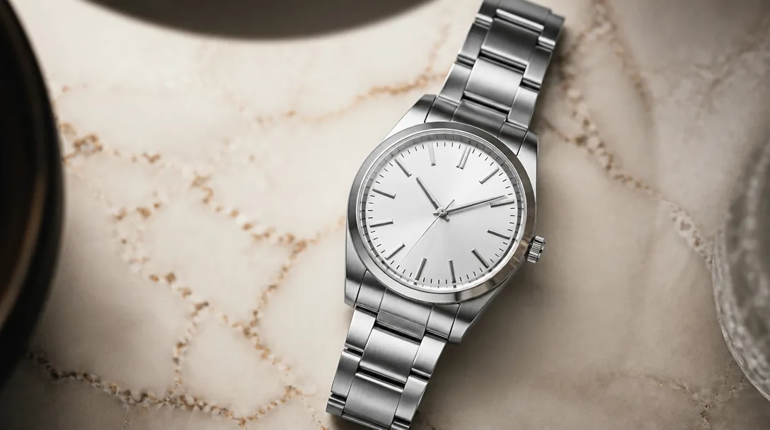 Silverfärgad automatisk herrklocka med vit urtavla och Oyster-armband på elfenbensmarmoryta