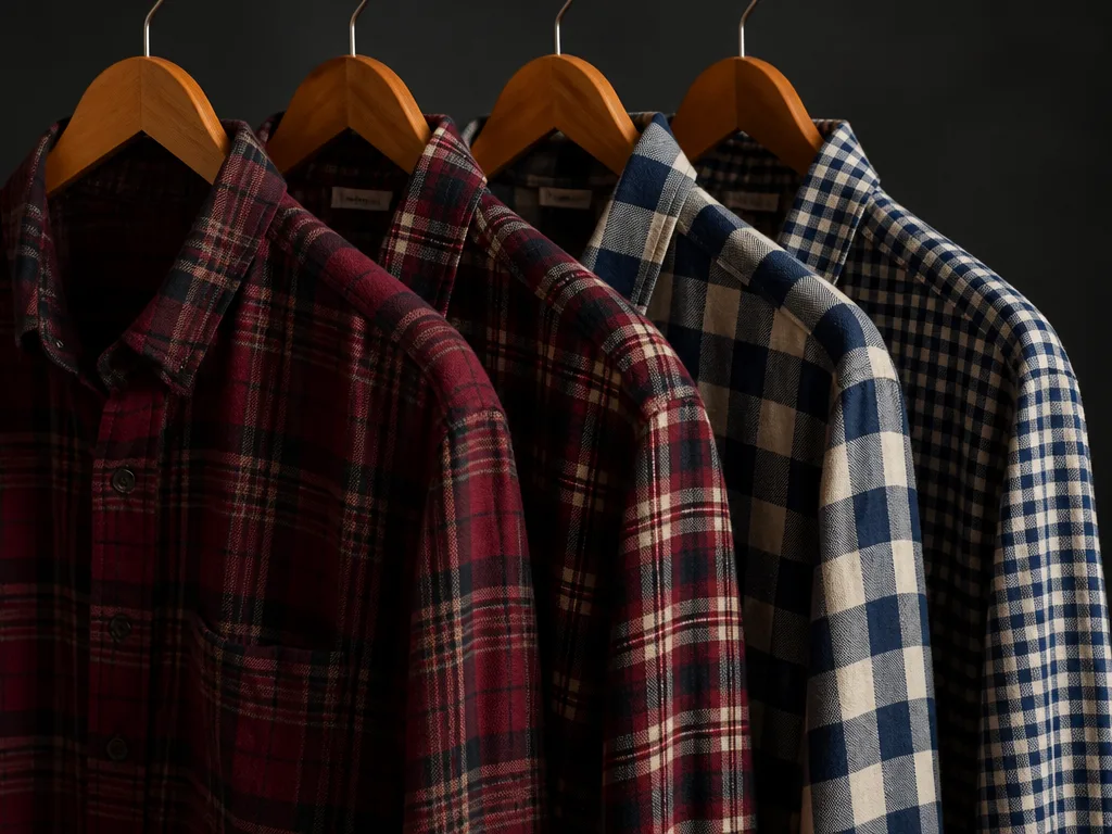 Rutiga herrskjortor i flanell och bomull med gingham- och tartanmönster på trähangers mot mörk vägg