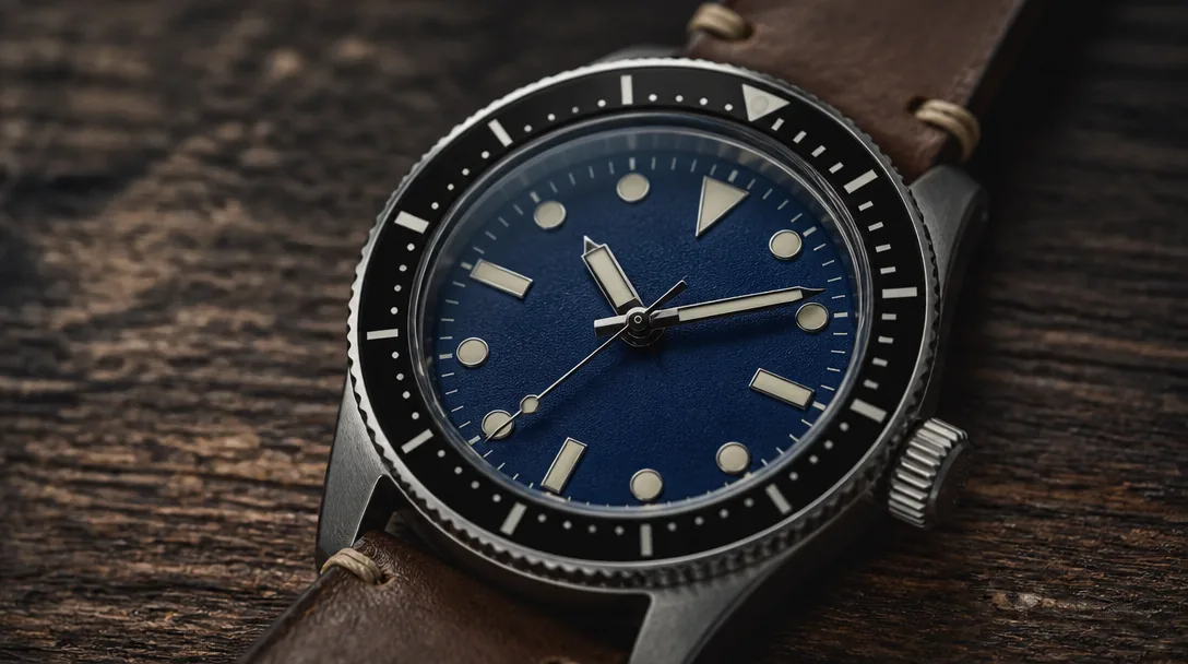 Seiko herrklocka med svart dykarbezel och blå urtavla på läderrem