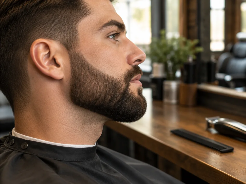 Man i profil med kort, välvårdat helskägg och skarpa konturer i en barbershop, med skäggkam och trimmer på disken