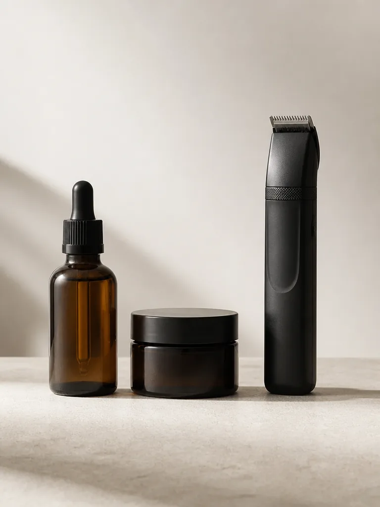 Skäggolja, skäggschampo och skäggtrimmer uppställda mot beige bakgrund i minimalistisk produktfotografi
