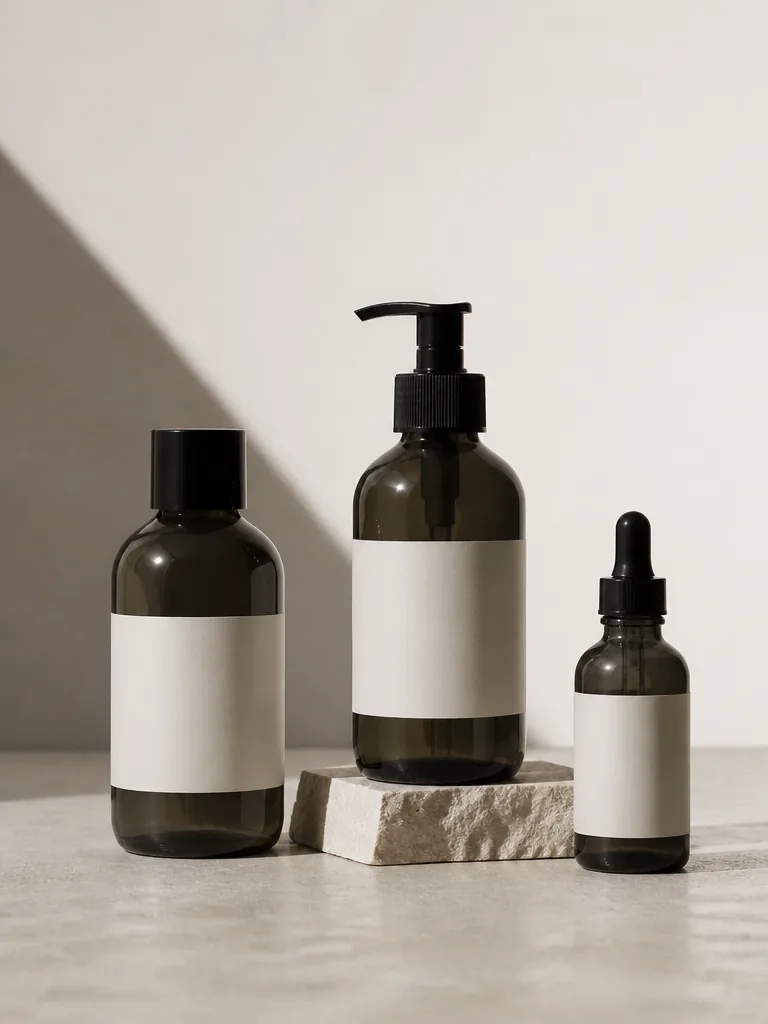 Tre skincare-flaskor uppställda mot beige bakgrund i minimalistisk produktfotografi
