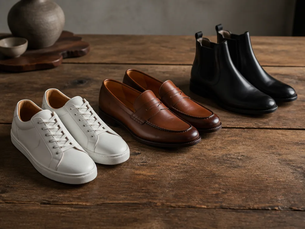 Tre herrsko-typer arrangerade på trägolv: vita sneakers, bruna läder-loafers och svarta chelsea boots